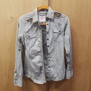 Women’s Long Sleeve Button Down Roar Rhinestone Tribal Wave Beige GreyShirtSmall